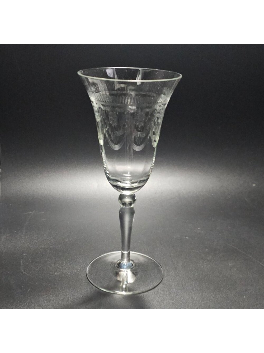 Lacy Needle Etched Wine Glass 7" clear romantic loops drapes vintage glassware.